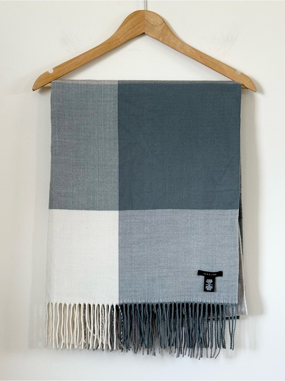 Love & Lore Quiet Luxury Blanket Scarf Grey Blue Cream Fringe Cozy Winter Wrap